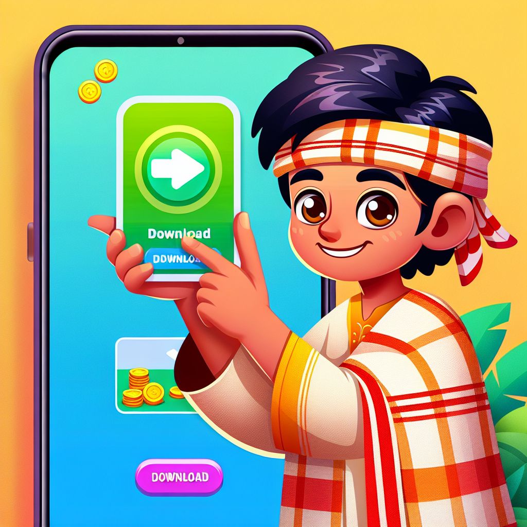 BDT99 app cartoon character holding a smartphone with app interface and coins