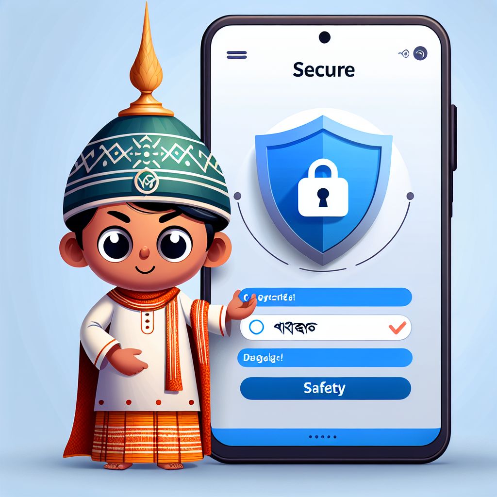 Cartoon character holding a phone with a secure login screen and a shield icon