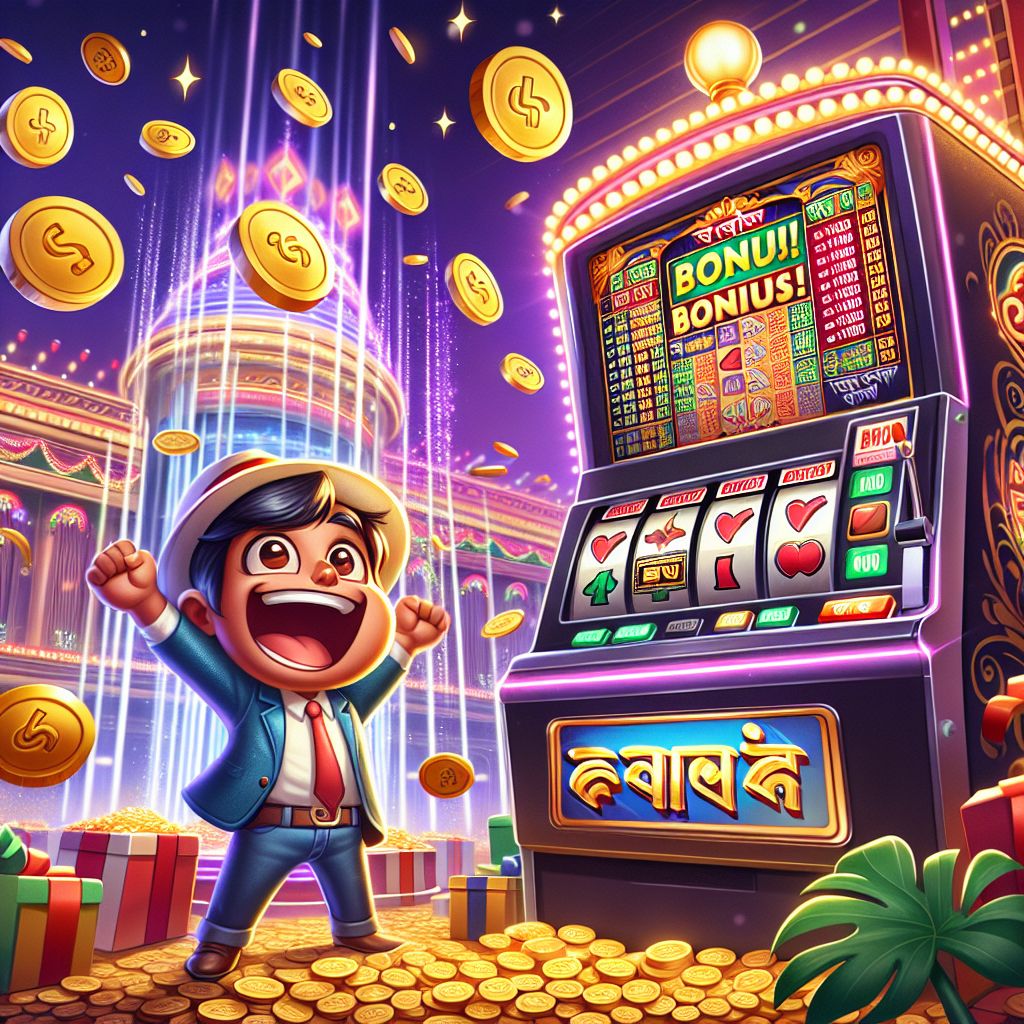 BDT99 slots themed cartoon characters with reels, coins, and bonus symbols
